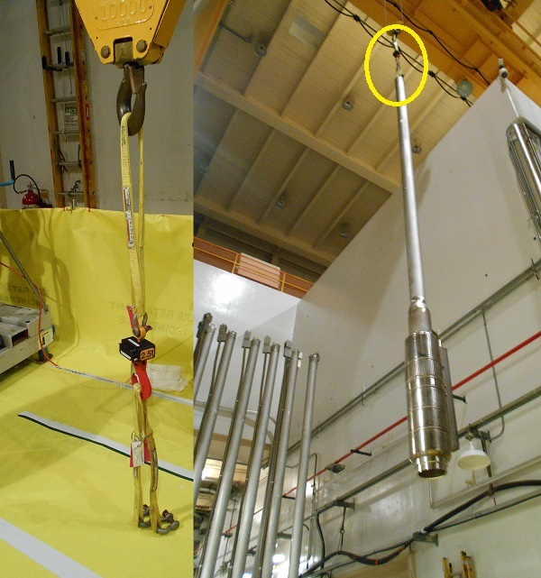 Split picture showing rigging for pipe lift and the pipe itself